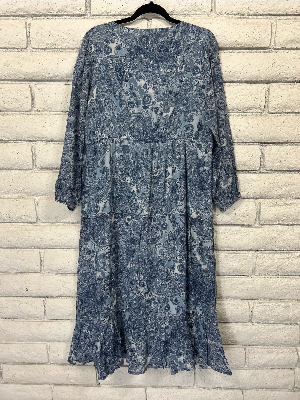 Rachel Zoe Blue Paisley Boho Tiered Midi Dress Women's Large Long Sleeve Flowy - Picture 6 of 7